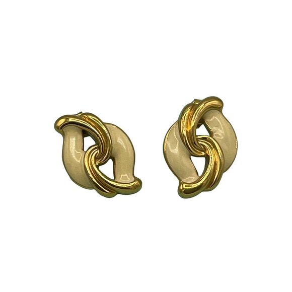 Vintage Gold Tone Cream Beige Enamel Knot Pierced Earrings - Picture 4 of 8